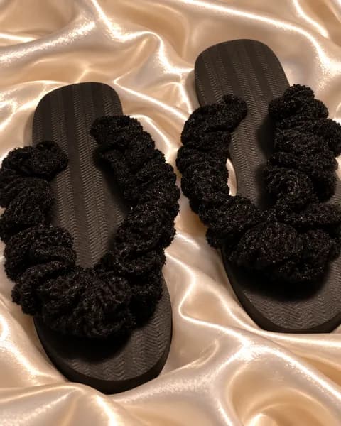 Midnight Noir Plush Ruffle Slides