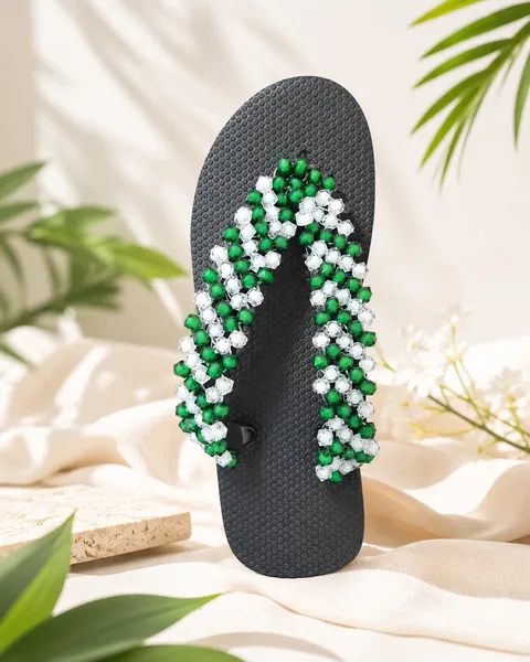 Handcrafted Beaded Flip-Flops – Emerald & Pearl