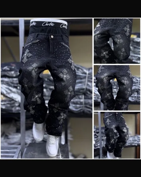 Black Graphic Rhinestone Baggy Jeans