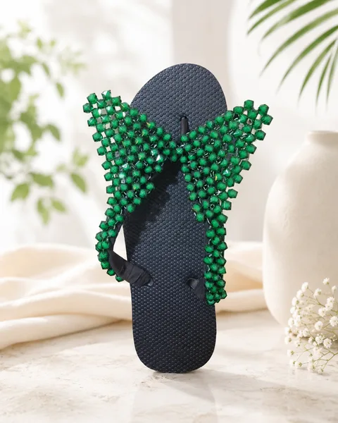 Emerald Bloom Handcrafted Beaded Flip-Flops