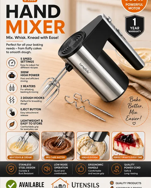 300W Electric Hand Mixer | 5-Speed Stainless Steel Hand Mixer with Dough Hooks & Beaters