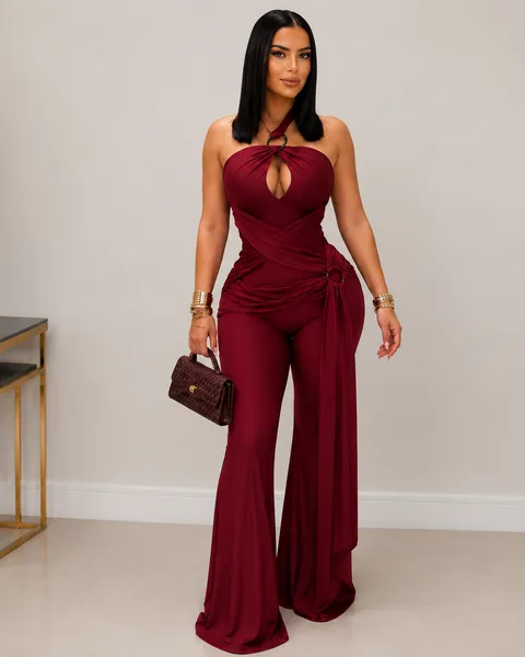 Women's Elegant Halter Neck Wide-Leg Jumpsuit