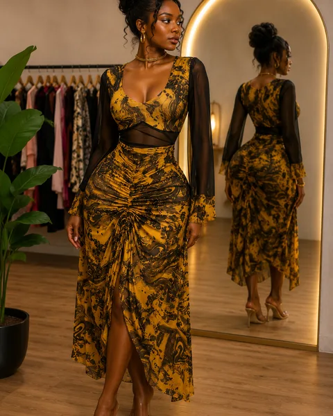 Women's Elegant Printed Mesh Sleeve Ruched Midi Dress
