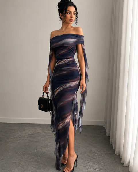 Women's Elegant Off-Shoulder Printed Ruffle Maxi Dress